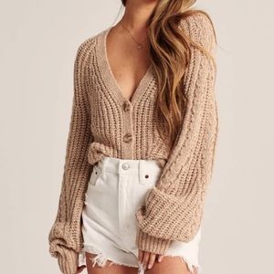 Abercrombie Puff Sleeve Cropped Cardigan in Light Brown